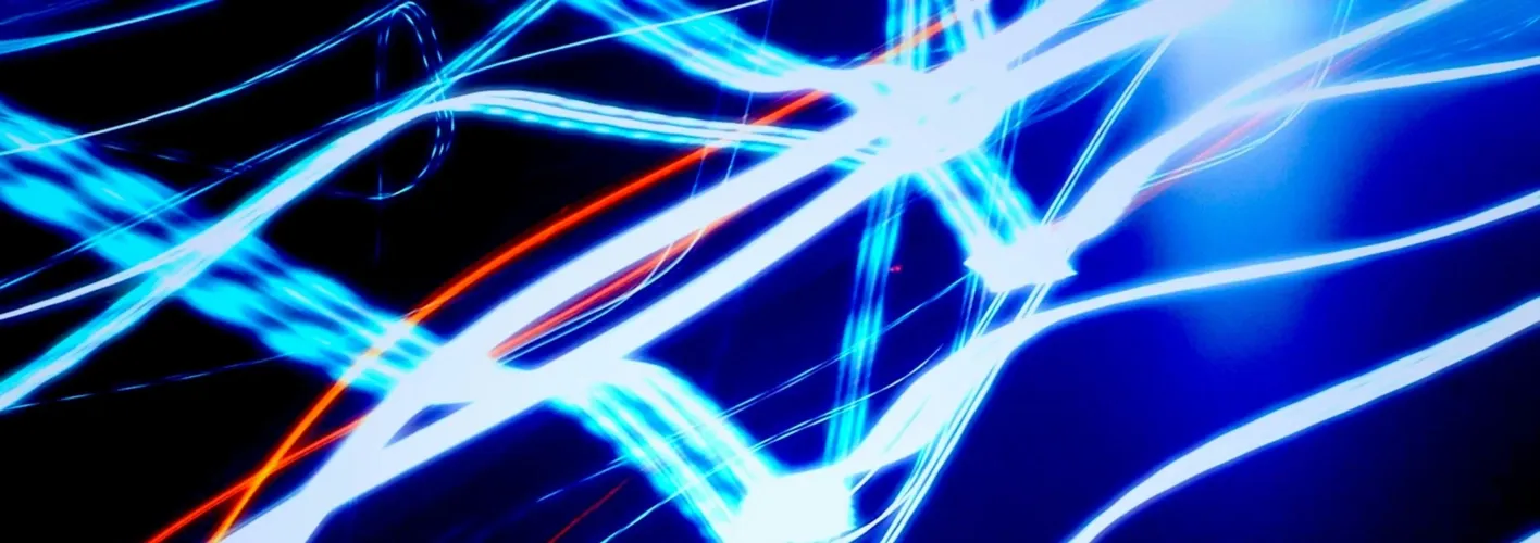 Abstract blurry blue aqua white and red wavy light trails (Web Optimized)