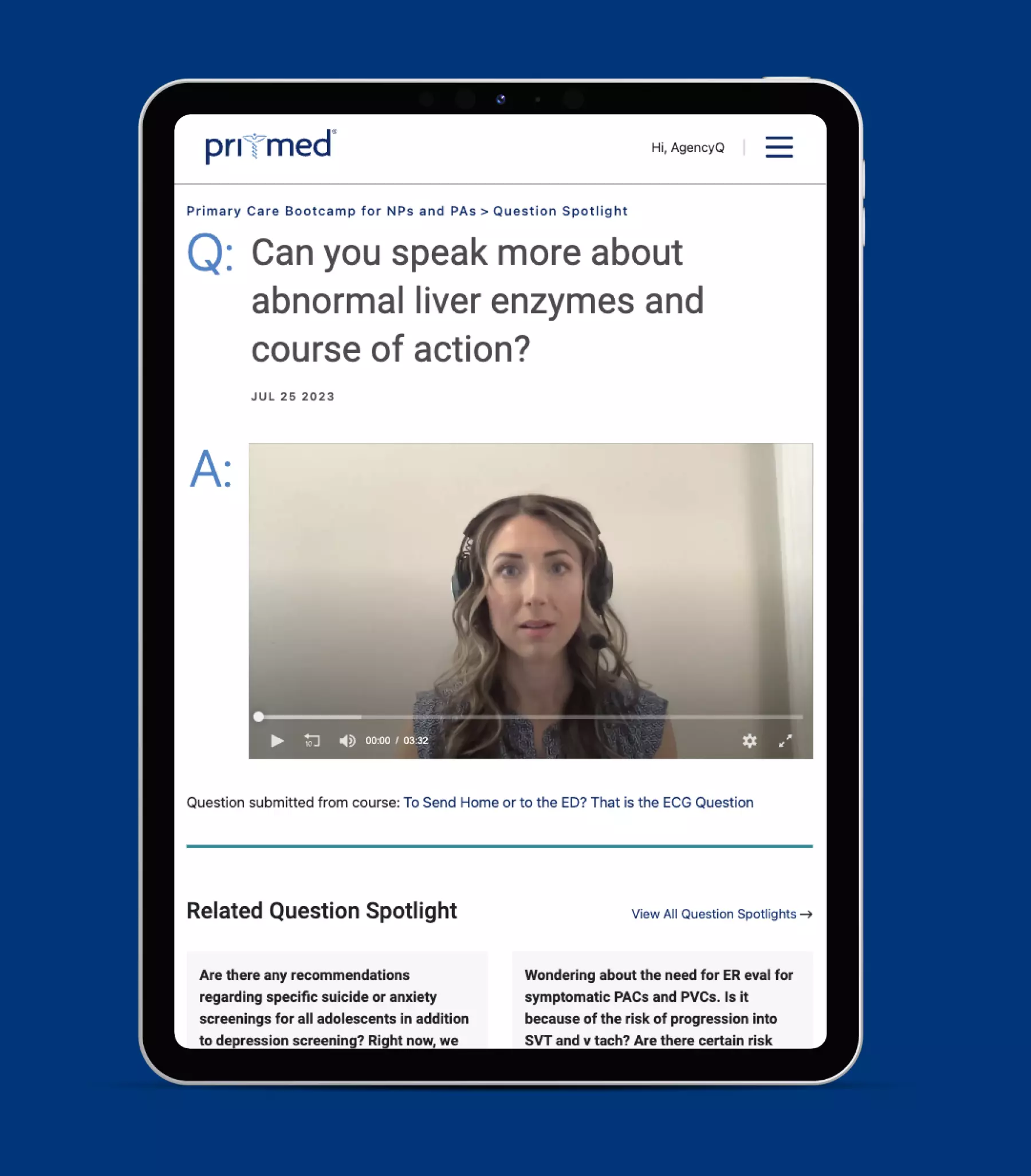 Pri-Med Bootcamp Q&A on tablet on blue background