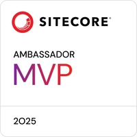 Designed graphic that reads Ambassador MVP 2025 below the Sitecore logo, a red circular mark followed by the word Sitecore