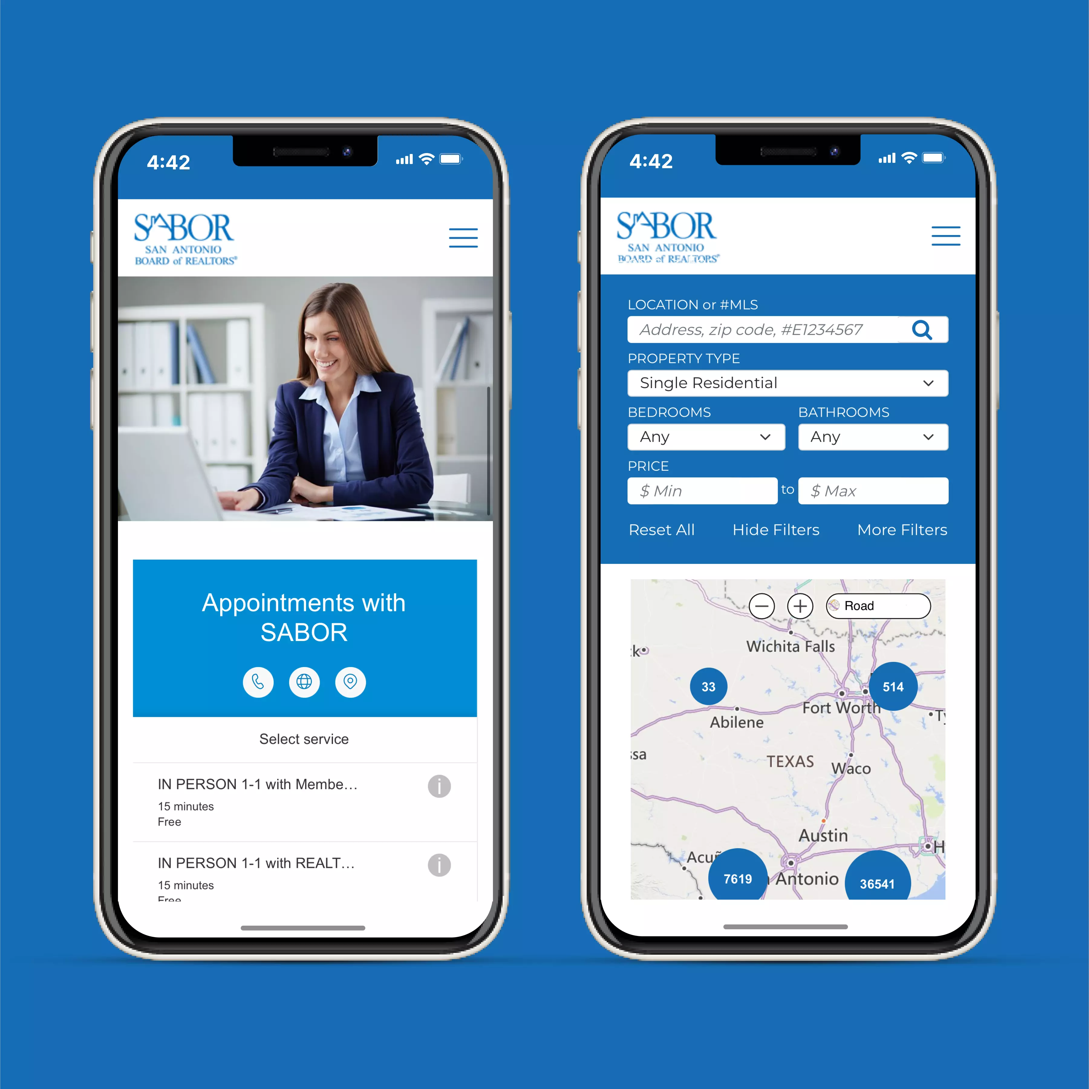 SABOR website on 2 mobile phones with blue background