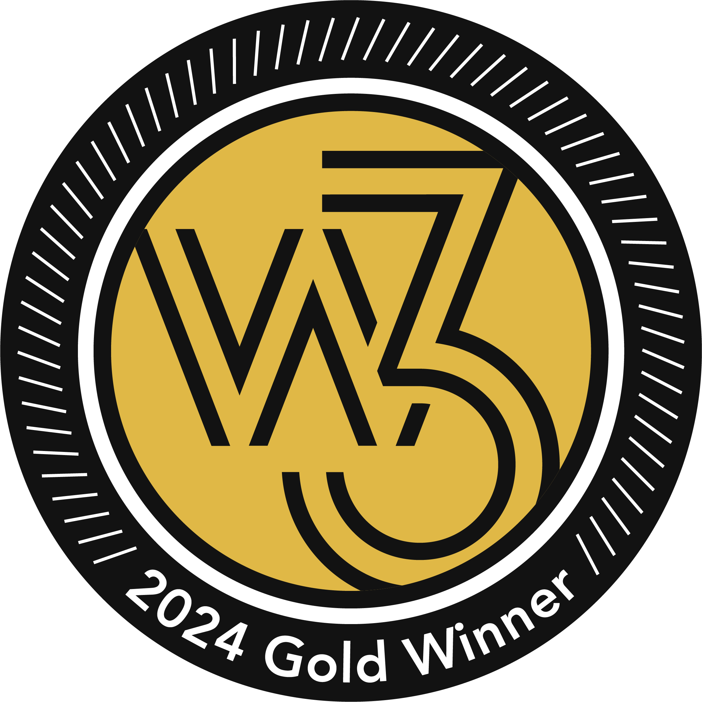 Black and gold circular logo that says w3 2024 Gold Winner (Web Optimized)