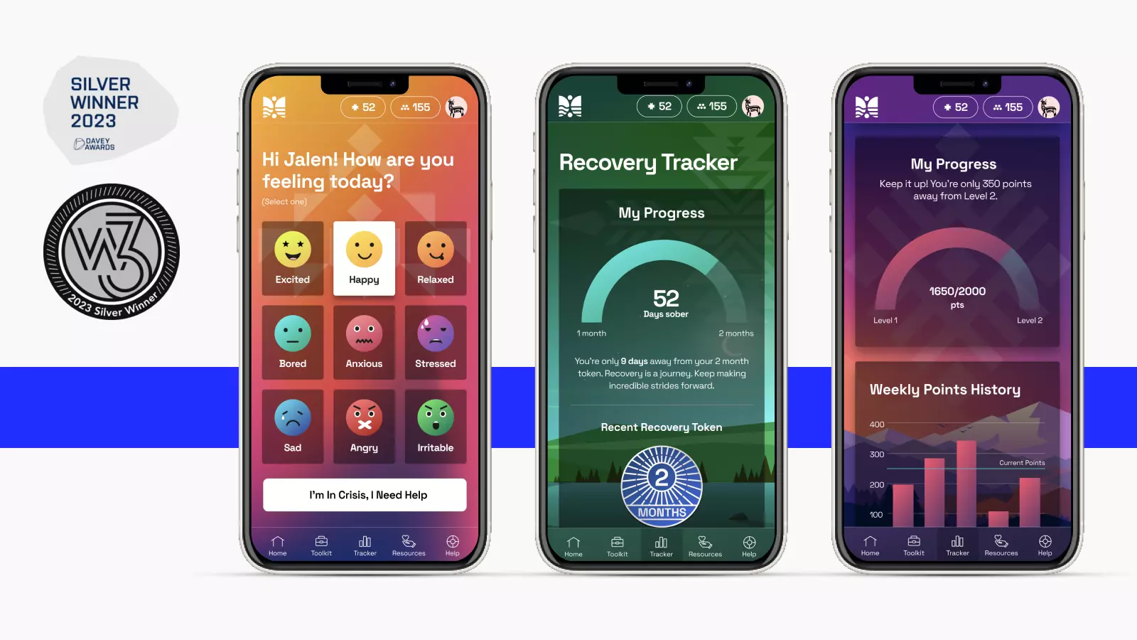 Silver Davey Award and Silver w3 Award next to 3 mobile phones displaying the Healing Paths app