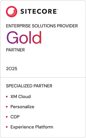 Vertical designed image for the Sitecore Gold level Enterprise Solutions Partner for 2025. Includes a list of specializations in XM Cloud, Personalize, CDP, and Experience Platform. (Web Optimized)