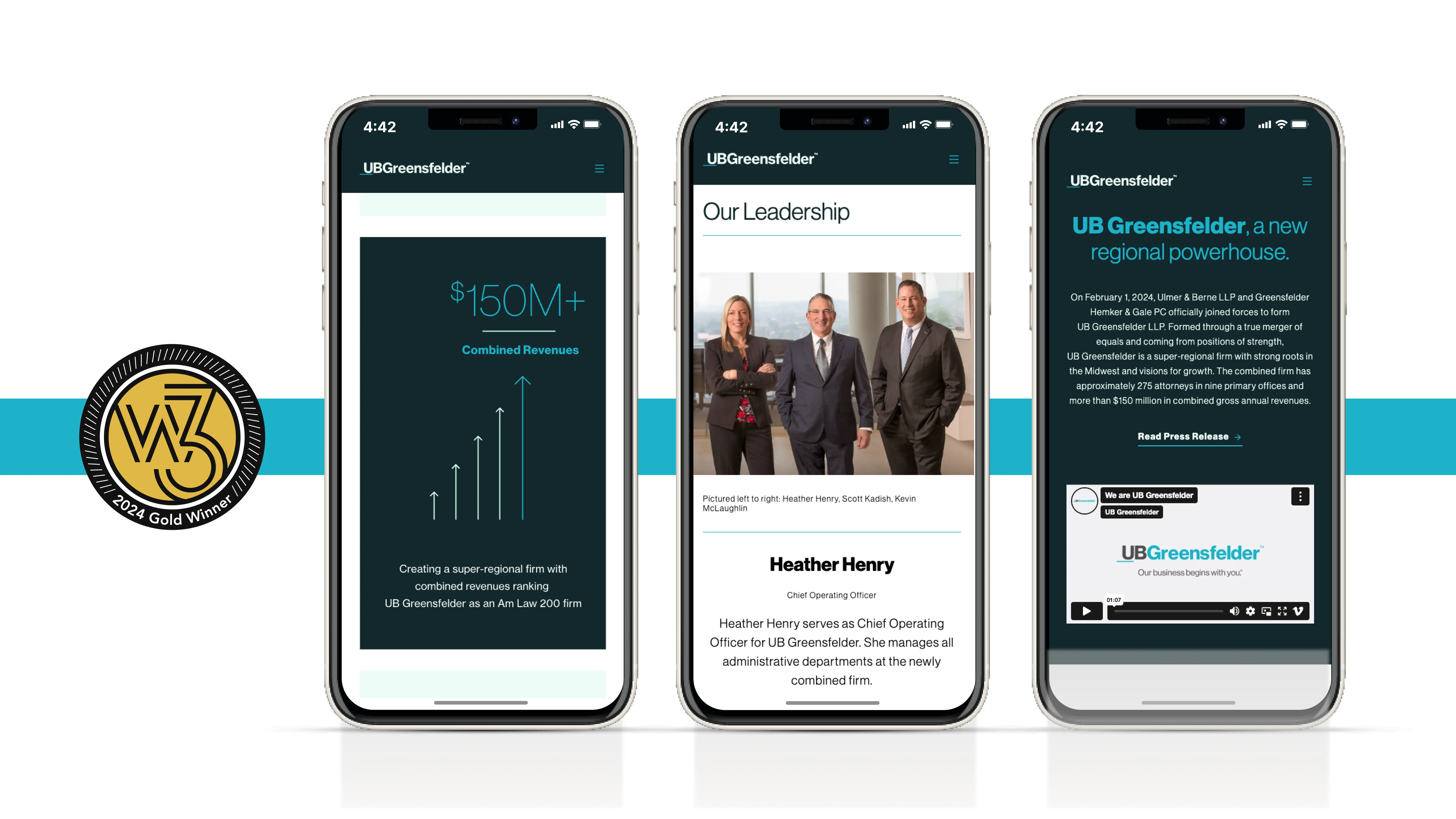 Black and gold circular logo that says w3 2024 Gold Winner to the left of three iPhones showing sample screenshots of the UB Greensfelder website (Web Optimized)