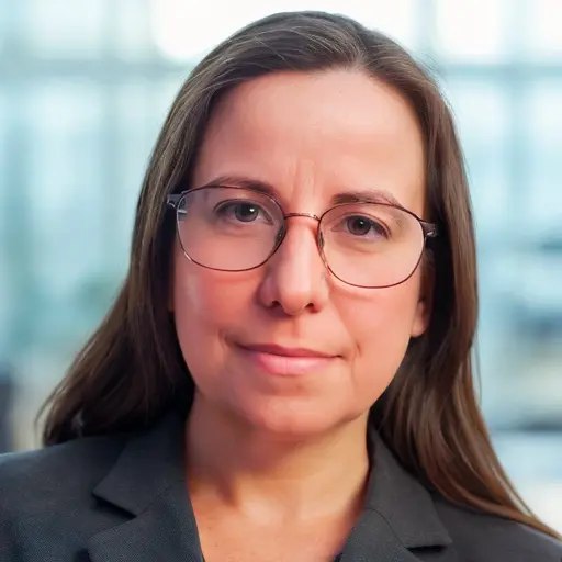 Headshot of Lindsay Ogden, a woman with straight brown hair and glasses, wearing a gray blazer.