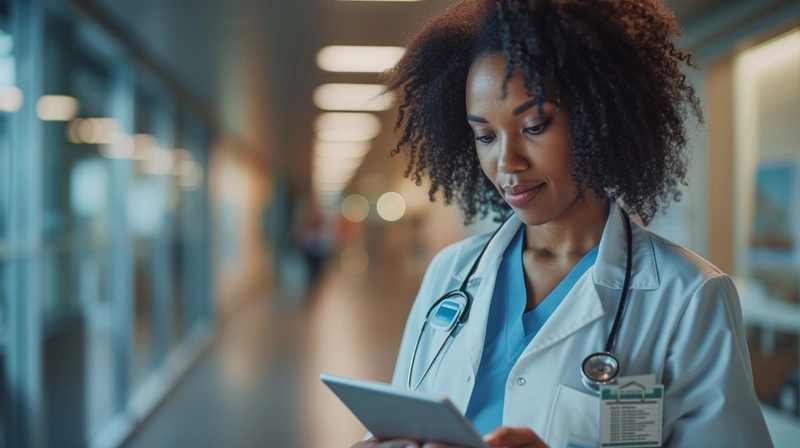 Blog_Healthcare_female doctor in hospital hallway looking at ipad (Web Optimized)